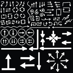Set Of Vector Doodle Drawing Collection White Arrow On Black Background Illustration