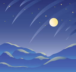 Fantastic landscape of the starry sky with a full moon or planet, starfall at night against the background of mountains and hills. Vector illustration.