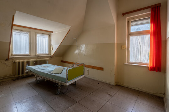 Empty Nursing Bed In An Old Abandoned Hospital