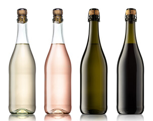The collection of unlabeled glass bottles of white, rose and red wines, can be used for mockups of product design. Isolated on white. - 488651695