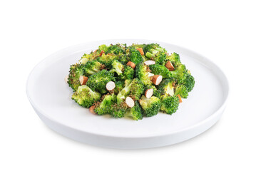 Roasted Broccoli with almond slices on a white isolated background
