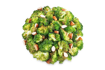 Roasted Broccoli with almond slices on a white isolated background