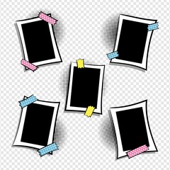 Set of vertical frames in pop art style. Collection of photo frames in comic style for a photo album. Color stickers on frames. Template for the design of frames for photographs, posters, cards, stick