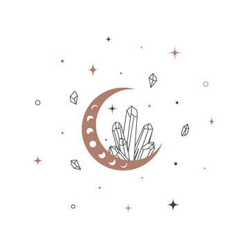 Magic crescent moon and crystal shining in trendy boho style. Alchemy logo and icon design template for cosmetic or beauty product. Black and golden colored. Celestial Vector illustration