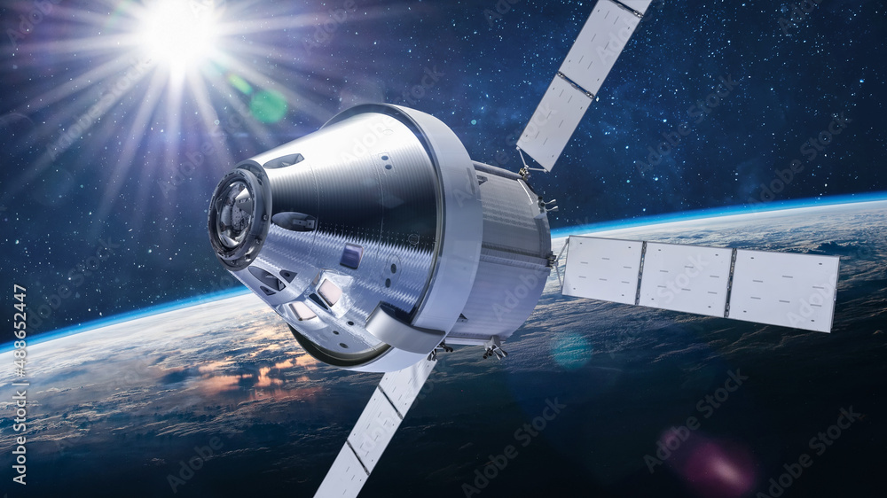 Aufkleber Orion spacecraft flight in space on orbit of Earth. Sci-fi wallpaper. Artemis space program. Expedition to Moon. Spaceship with astronauts. Elements of this image furnished by NASA
