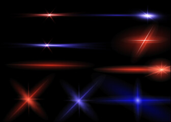 Laser beams, horizontal light beams. Beautiful light flashes. Glowing stripes on a dark background in the form of a star. Glowing abstract glitter background with lined.