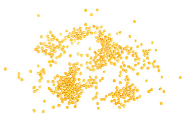 Dry yellow mustard seeds isolated on a white background, top view. Organic yellow mustard seeds.