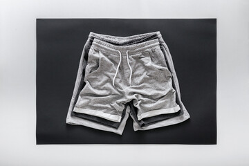 Crumpled gray black shorts pants for man sport. Set Various of Basic casual clothing sports gray male shorts On white black frame background. Minimalistic basic clothing concept. Top View 