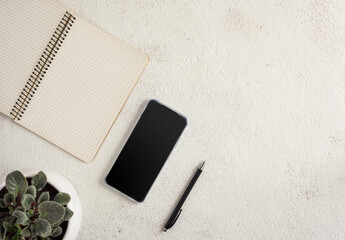 Notebook, smartphone, ballpoint pen and flowerpot on a white background.
