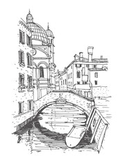 Travel sketch of bridge in Venice. Liner sketches architecture of Italy Venice. Graphic illustration. Sketch in black color on white background. Hand drawn travel postcard. Freehand drawing.