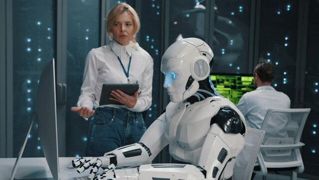 Cybernetic robot worker using desktop computer programming server cooperating in data center. Modern service. Artificial intelligence. AI concept. Cooperation.