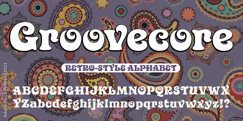Poster groovecore is a stylized retro 1970s alphabet with curlicues and coiled shapes. this vintage font go
