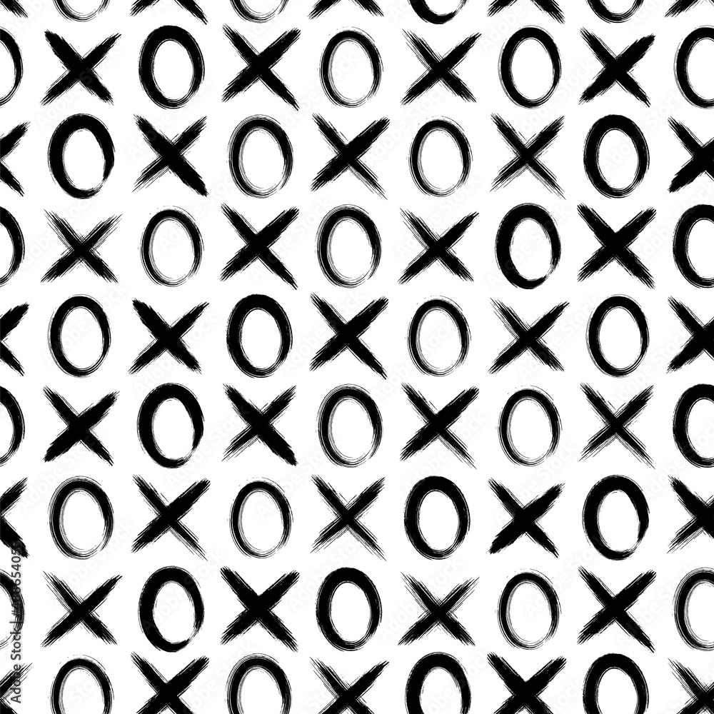 Poster xo seamless pattern. x and o background. repeated grunge brush texture. black game tic tac toe isola