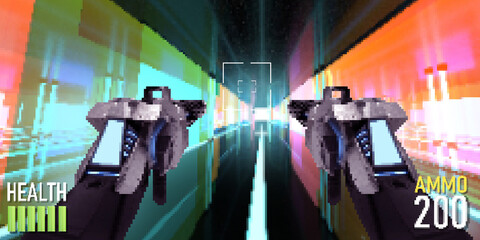 Pixel artwork illustration of first person view sci-fi futuristic 16 bit shooter game interface with guns, ammo and health indicators. © breakermaximus