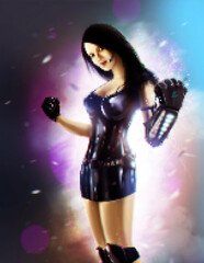 Pixel artwork illustration of sci-fi sexy female character with power glove weapon on glowing lights background.