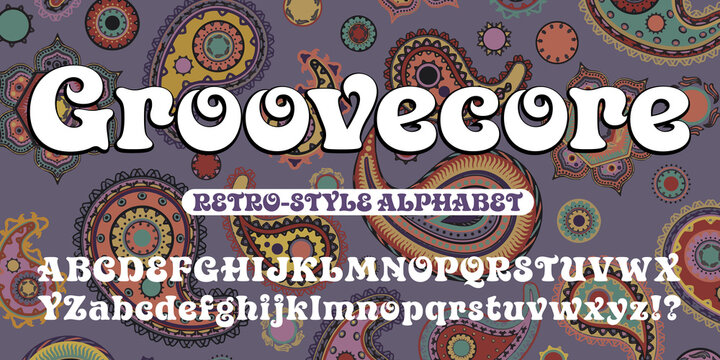 Groovecore is a stylized retro 1970s alphabet with curlicues and coiled shapes. This vintage font goes well with hippie and psychedelic graphic styles. Also features a paisley background pattern.