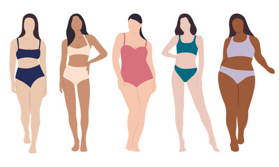 Body positive woman in bikini vector set. Female underwear illustration. Plus size and slim international and interracial woman.