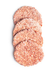 Frozen hamburger meat. Raw beef patties isolated on white background.
