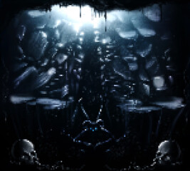 Obraz na płótnie Canvas Pixel artwork illustration of 16 bit underworld hell abyss with demon and frozen rocks on dark background.