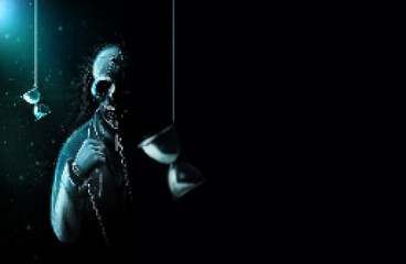 Pixel artwork illustration of horror scary skeleton man chained under water with hanging sand watches on dark background.