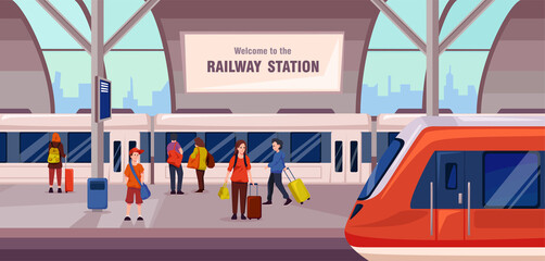Nice vector illustration of a railway station in a cartoon style. Boarding the train people with luggage. Logistics of passenger transportation. © MVshop