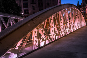 Illuminated Steel Bridge in Hamburg Speicherstadt