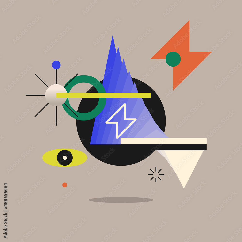 Poster a modern background with abstract elements, dynamic shapes and a hand gesture. compositions of color