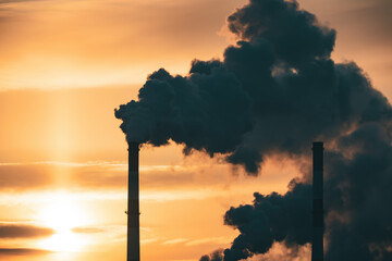 Industrial factory smokestack emission carbon gases and in atmosphere. Industry zone, factory smoke...