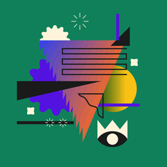 Obraz premium A modern background with abstract elements, dynamic shapes and a hand gesture. Compositions of colored spots.