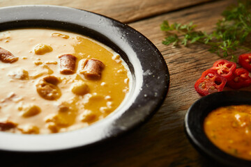 Mote pata is a traditional ecuadorian soup made from mote, pork, sausage and sambo seeds. It’s served on a white plate with a rustic, wooden and homey background. 