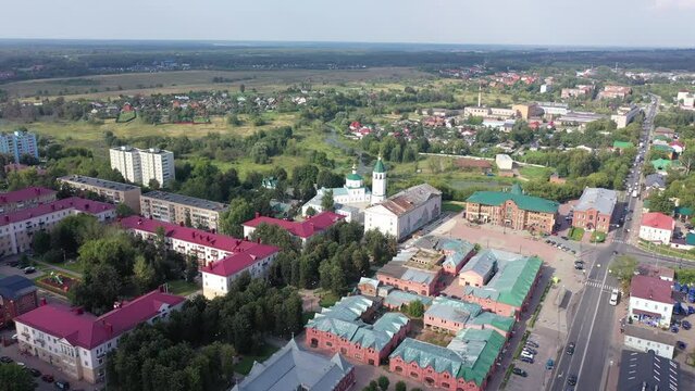 KLIN, Russia- AUGUST 18, 2021: Picturesque aerial city landscape of Russian town of Klin, Moscow region