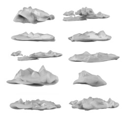 3d render illustration artwork of gray colored low poly clouds isolated on white background.