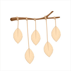 Decorative Interior Element Macrame on a Wooden Stick in the Form of Feathers