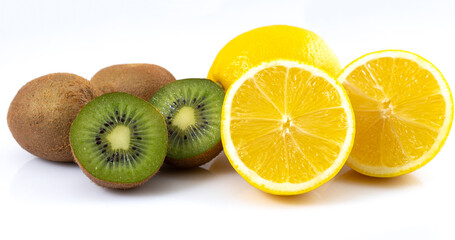 Kiwi and lemon on a white background, fruit with vitamin C
