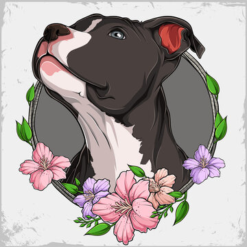 Strong Black American Pit bull terrier dog head looking to the top in a  colorful floral wreath Stock Vector | Adobe Stock
