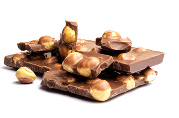 Appetizing milk chocolate with whole hazelnuts on a white background
