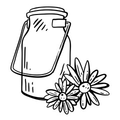 Milk bidon and chamomiles, monochrome vector illustration