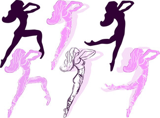 pink and black dancing woman sketches on white background