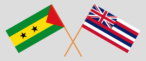 Crossed flags of Sao Tome and Principe and The State Of Hawaii. Official colors. Correct proportion