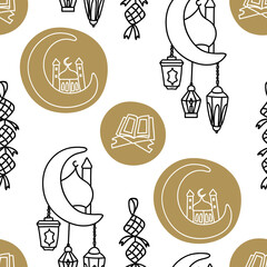 Ramadan seamless pattern with mosque, lanterns and quran. Perfect for wrapping paper, greeting cards, wallpaper. Islamic holidays. Vector illustration