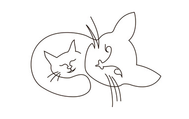 Cat hugs her kitten. Mothers Day. Mother's love. One line style vector illustration isolated on white background
