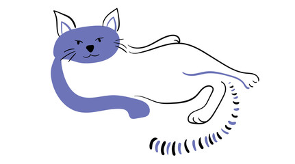 Cute funny cat lies, painted in Very Peri color. Doodle style vector illustration isolated on white background