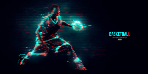 Abstract silhouette of a basketball player man in action isolated blue background. Vector illustration © Yevheniia