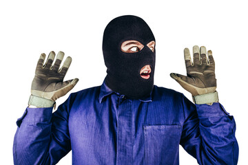 Isolated photo of robber in mask, overalls, gloves putting hands up on white background.
