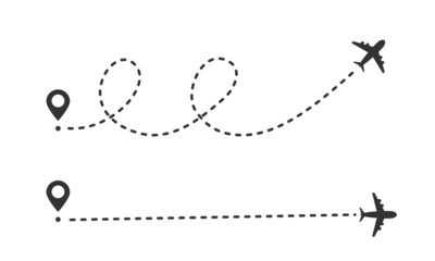 Airplane path in dotted line shape. Straight and wavy way. Travel and tourism concept