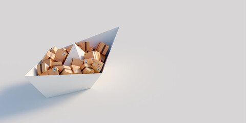 Conceptual paper ship loaded with many cartons; logistics industry and transportation concepts, original 3d rendering