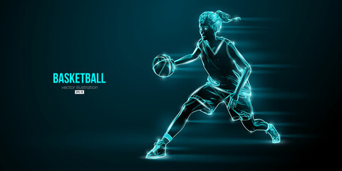 Abstract silhouette of a basketball player woman in action isolated blue background. Vector illustration