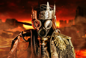 Photo of post apocalyptic warrior with armored outfit jacket and scrap crown standing in soviet gas...