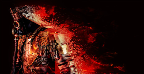 Photo of fantasy post apocalyptic raider warrior with armored outfit jacket, scrap crown and gas mask standing and dissolving with fire effects on black background.
