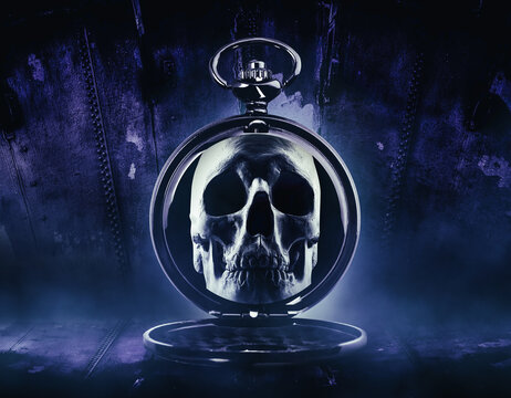 Horror scary photo of human skull in pocket watch on dark blue background with mist.